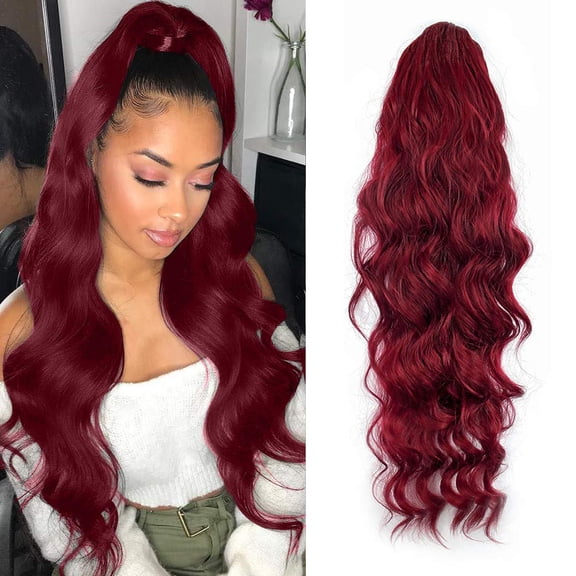 24 Inch Long Body Wave Ponytail hair Extension Synthetic Heat Resistant Wrap Around Drawstring Curly Wavy Ponytail Hairpieces for Women(Red)