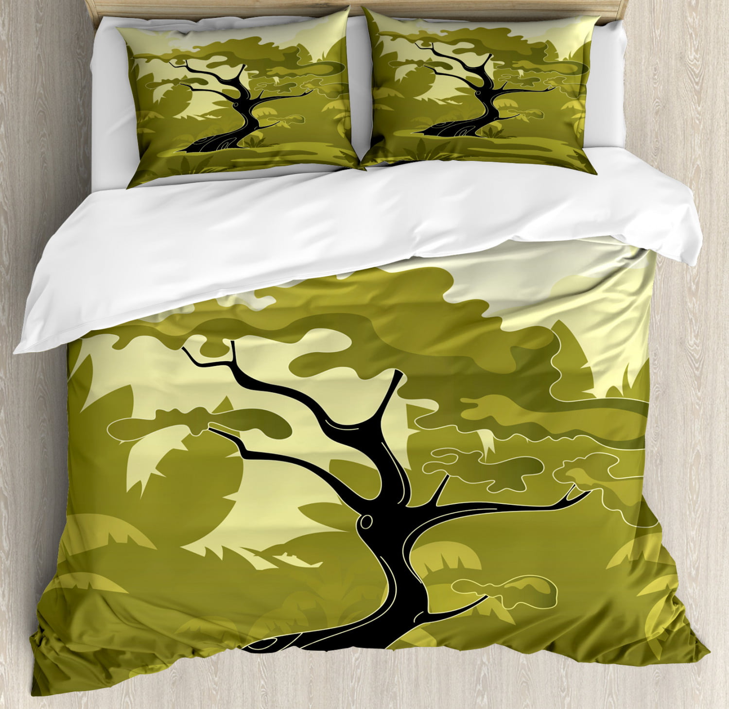 Olive Green Duvet Cover Set Japanese Tree In Jungle Abstract