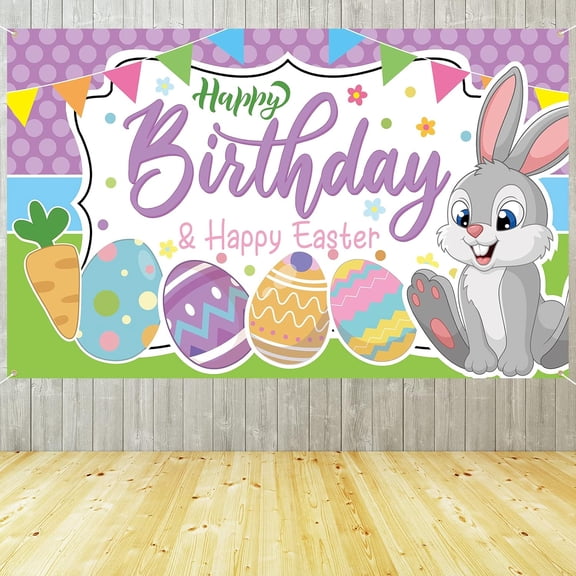 Crenics Easter Birthday Party Decorations, Easter Bunny Happy Birthday & Happy Easter Banner, Funny Birthday Backdrop for Bunny Easter Birthday Party Supplies 5.9 x 3.9 Ft