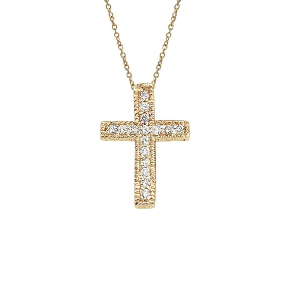 14K Yellow Gold .10 Ct Diamond Scroll Cross Pendant with 18" Chain