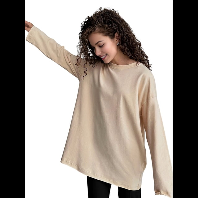 Camisetas de Larga con Cuello Redondo Extragrande para Mujer, Blusas Básicas de Otoño, Ropa Informal de Entrenamiento Y2K. Albaricoque M
