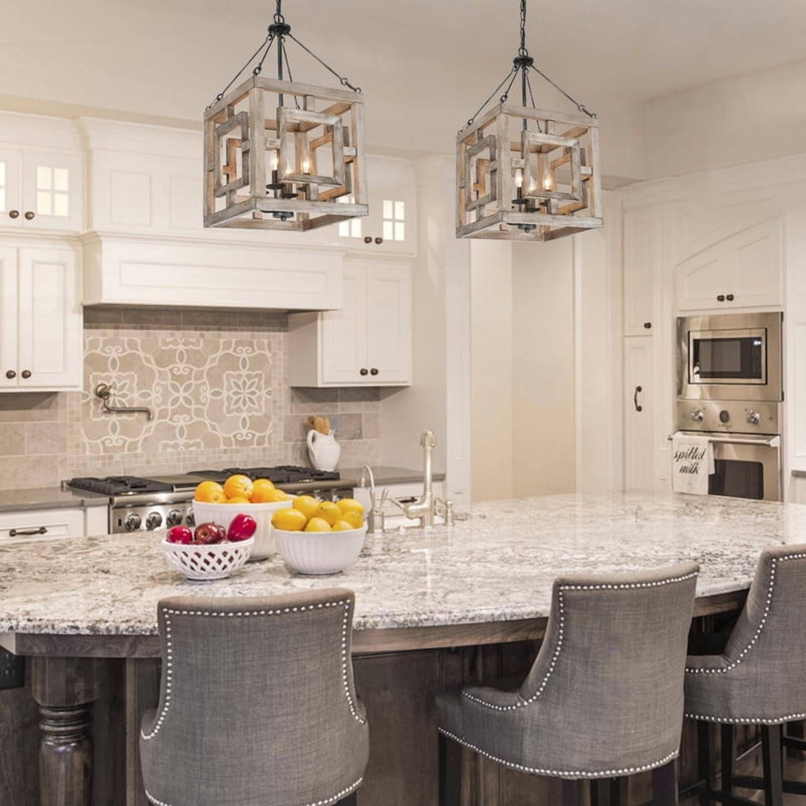LNC Ferdinand 3-Light Rustic Wood and Black Metal Lantern Pendant for Dining Room