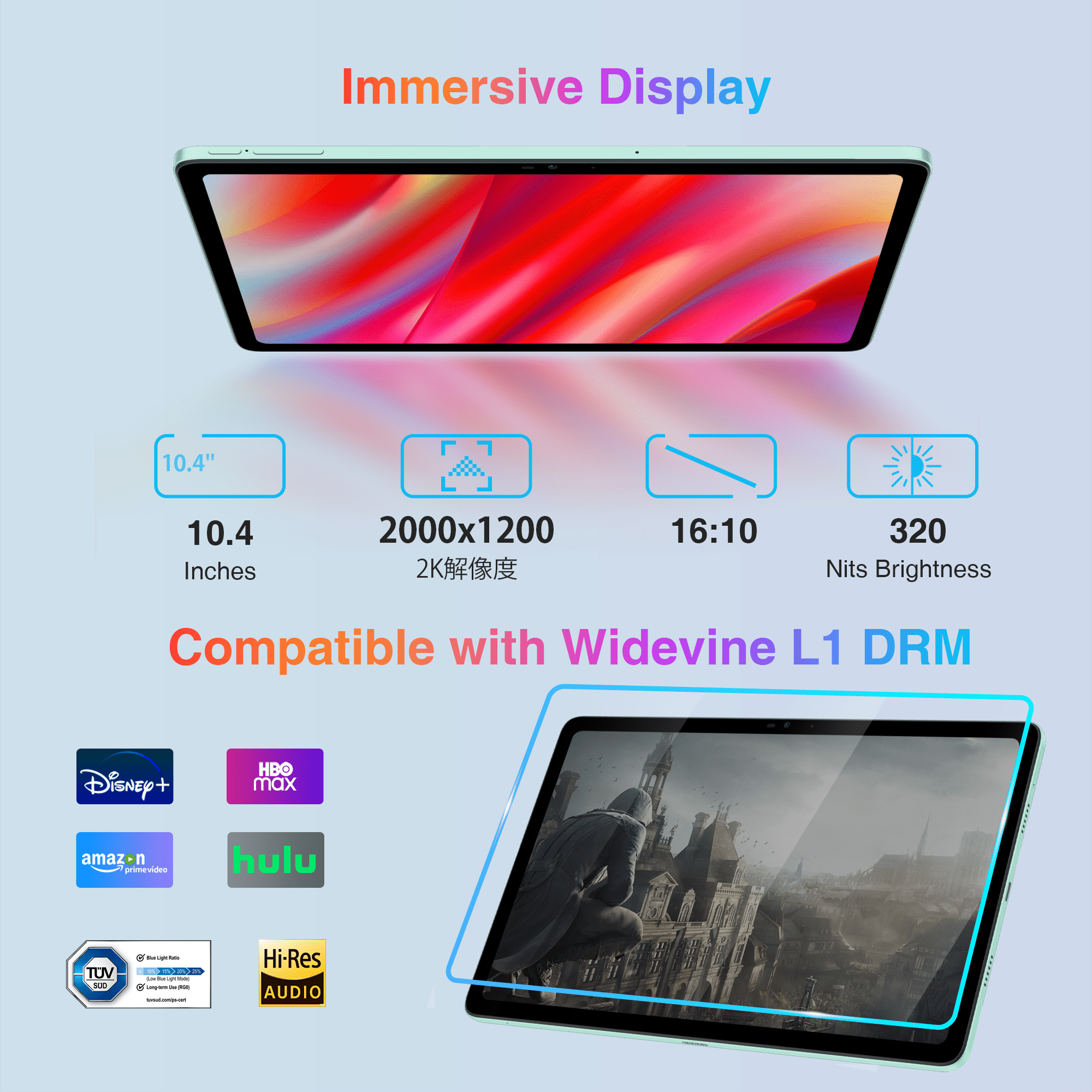 DOOGEE T20 Tablet 10.4 inch, 15GB (8+7GB) RAM+256GB ROM/1TB, 2000×1200 FHD+ 2K Display, Octa-Core, 8300mAh, Android 12 4G LTE Dual SIM Tablets, TÜV Certified, Widevine L1, 16MP+8MP, WiFi,Type C