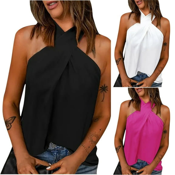 HAPIMO Women's Summer Tank Tops Halter Neck Blouse Cross Bandage Camisole Casual Chiffon Camis Vest Sleeveless Shirts for Girls Solid Color Print Tops Black XXL