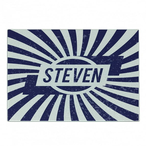Steven Cutting Board, Common English First Name for Boys in Blue and White Retro Composition, Decorative Tempered Glass Cutting and Serving Board, Small Size, Navy Blue and White, by Ambesonne