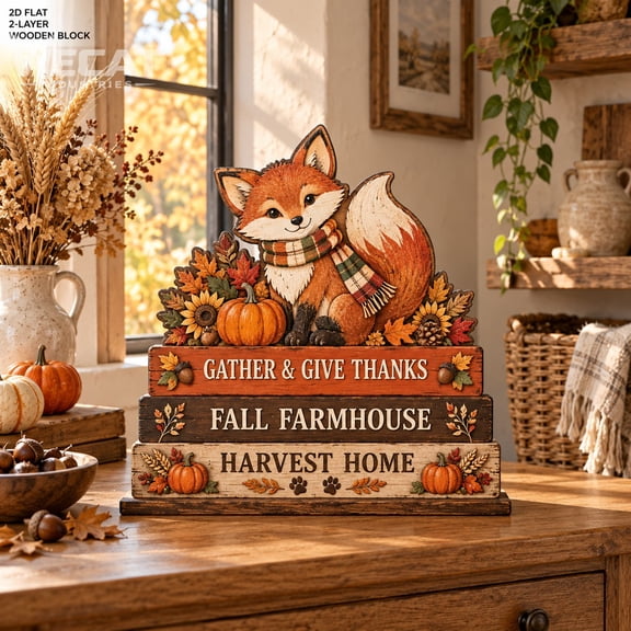 Wooden Block Fox Harvest Countertop Accent for Thanksgiving Hosts