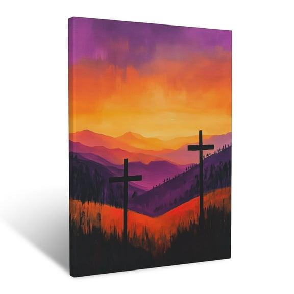 CozyNet Three Crosses Silhouetted By A Stunning Purple And Orange Sunset Over Rolling Hills Wall Art Prints With Frame Canvas Perfect for Living Room & Bedroom, Ready to Hang, Wall Decor 12"x16"