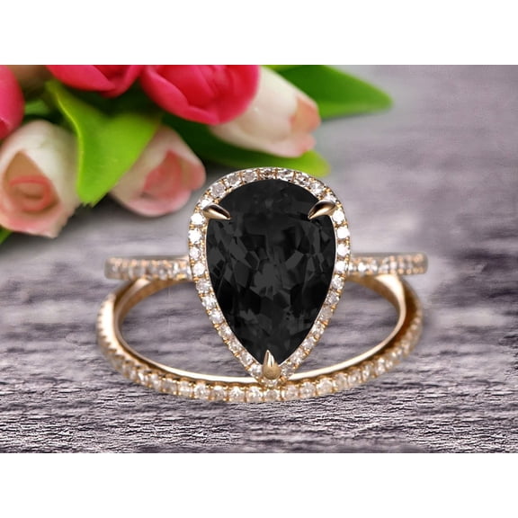 Bridal Ring Pear Shape 2.25 Carat Black Diamond Moissanite Wedding Ring Set Engagement Ring 10k Yellow Gold Claw Prong Halo Matching Band Vintage looking