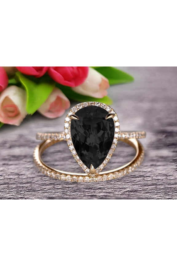 Bridal Ring Pear Shape 2.25 Carat Black Diamond Moissanite Wedding Ring Set Engagement Ring 10k Yellow Gold Claw Prong Halo Matching Band Vintage looking