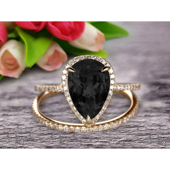 Bridal Ring Pear Shape 2.25 Carat Black Diamond Moissanite Wedding Ring Set Engagement Ring 10k Yellow Gold Claw Prong Halo Matching Band Vintage looking
