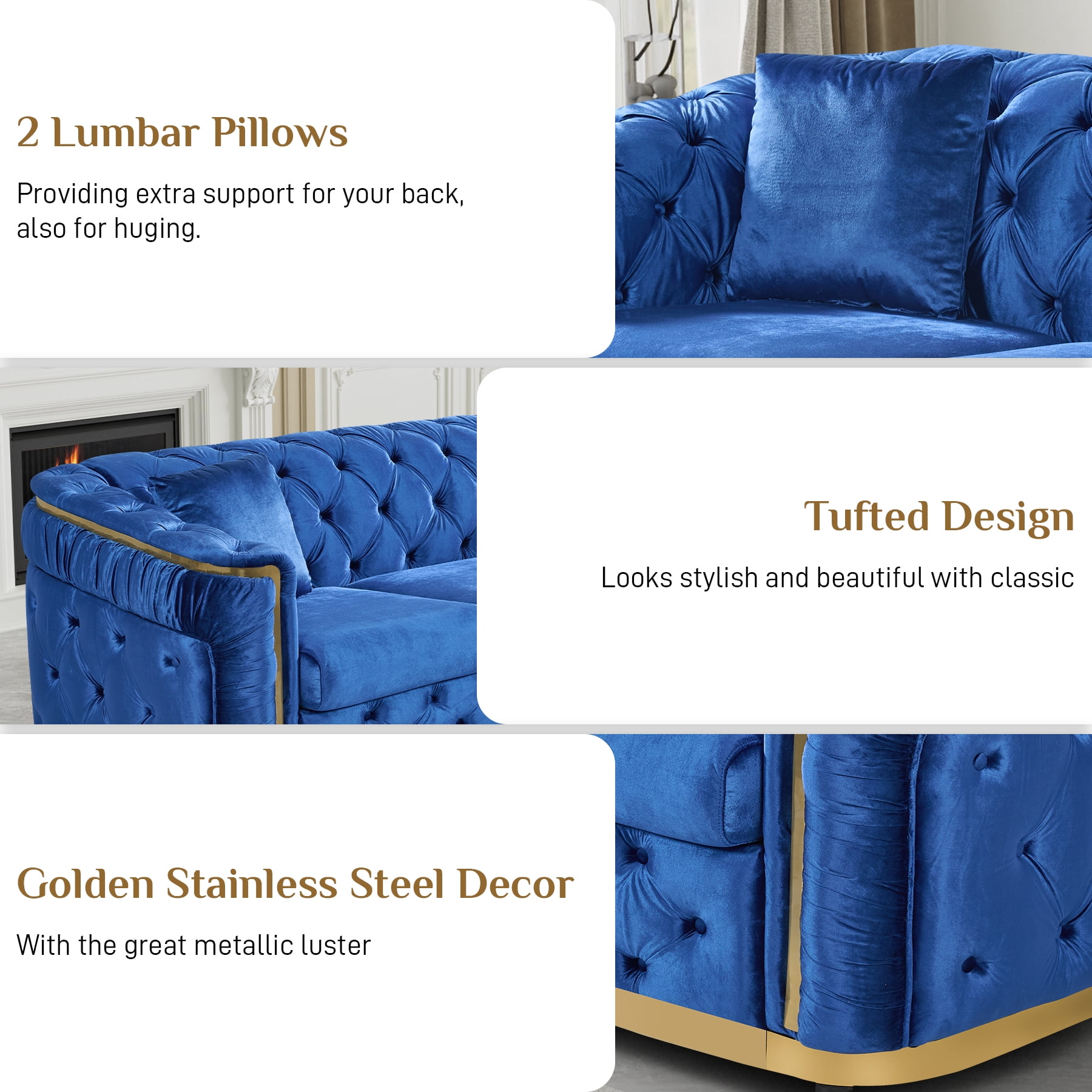 Wiilayok 62.6" Velvet Button Tufted Sofa, Mid-Century Classic Chesterfield Sofa Couch with Thick Backrest,Gold Stainless 2 Love Seat Couches for Living Room,Blue