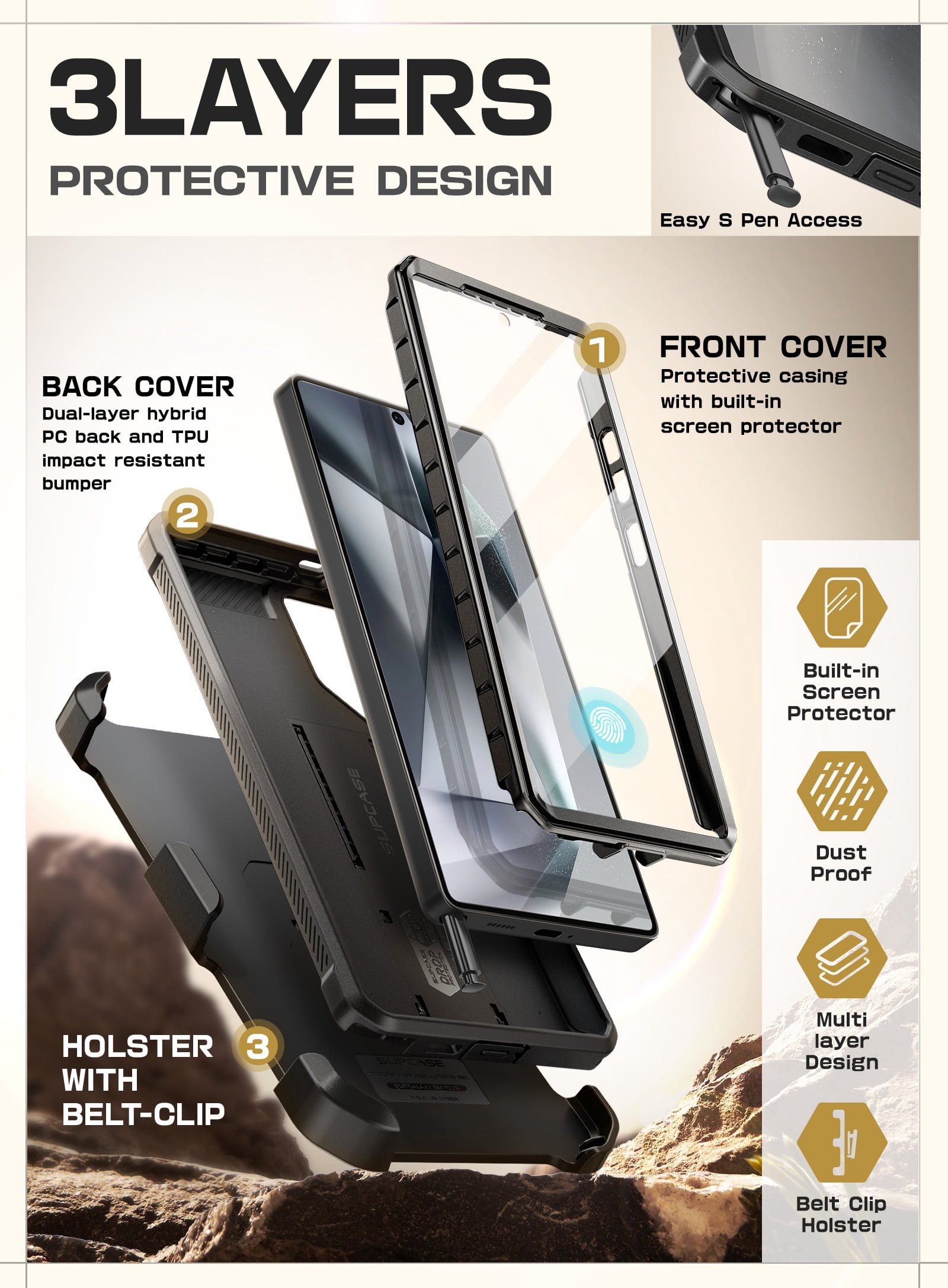 SUPCASE for Samsung Galaxy S25 Ultra Case with Stand, [Unicorn Beetle Pro] [2 Front Frames] [Built-in Screen Protector & Belt-Clip] Military-Grade Protection Phone Case for Galaxy S25 Ultra, Black