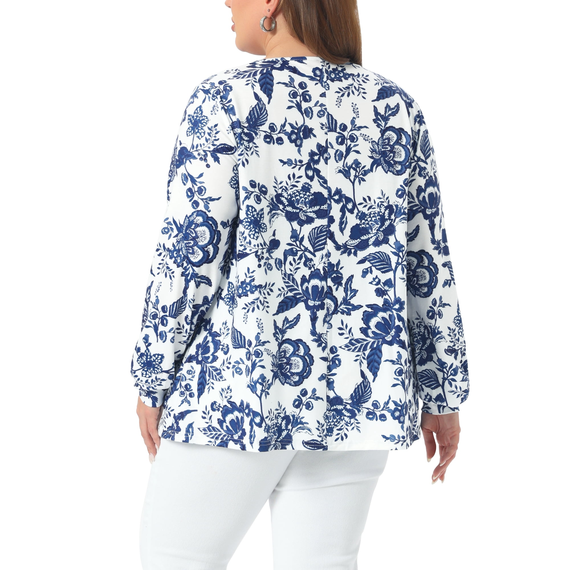 DARING DIVA Women's Plus V Neck Keyhole Pleated Floral Blouse 1X Blue