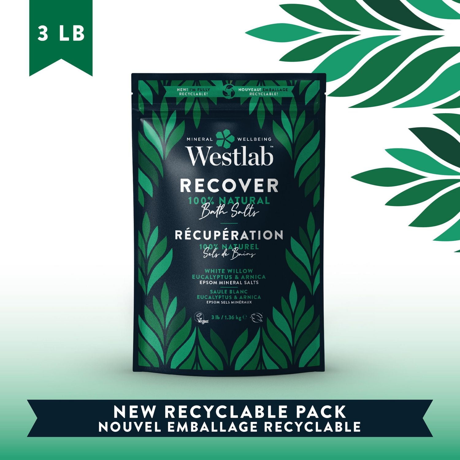 Westlab Récupération - Sels de Bain d'Epsom Purs à l'Eucalyptus, Saule Blanc | Avec ajout d'arnica | Apaise les muscles fatigués et surmenés| |100% naturel, 100% végan, 100% exempt d'acte de cruauté e 1,36 kg (3 livres)