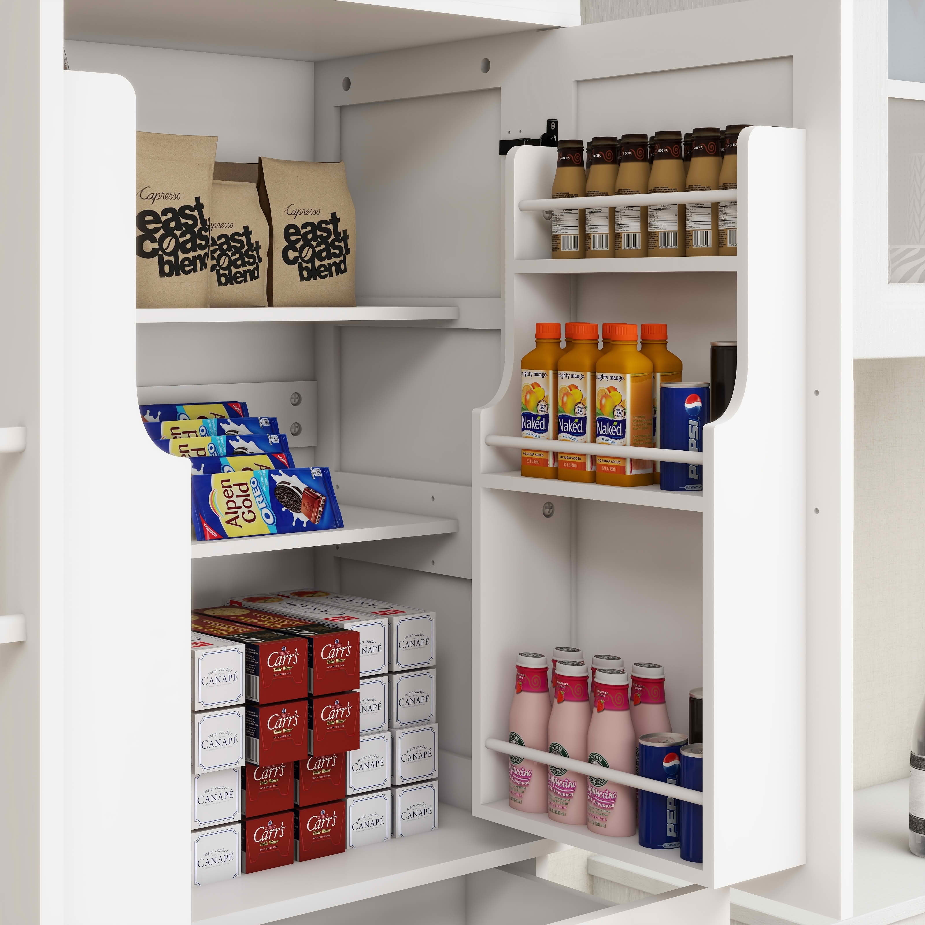 MAYEERTY 71-Inch Kitchen Pantry Storage Cabinet, Freestanding Cupboard with 4 Doors 2 Rack Doors 1 Drawer 2 Adjustable Shelves White