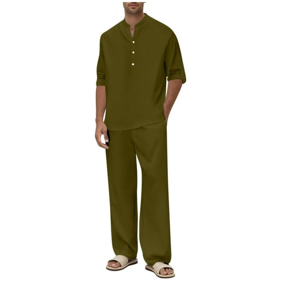 2 Pcs Mens Fall Sets 2025 Henley Neck Tops Long Sleeve Shirts Loose Fit Lace-Up Elastic Waist Pants with Pockets Lounge Breathable Suits Summer Sets Mens 2 Piece Outfits