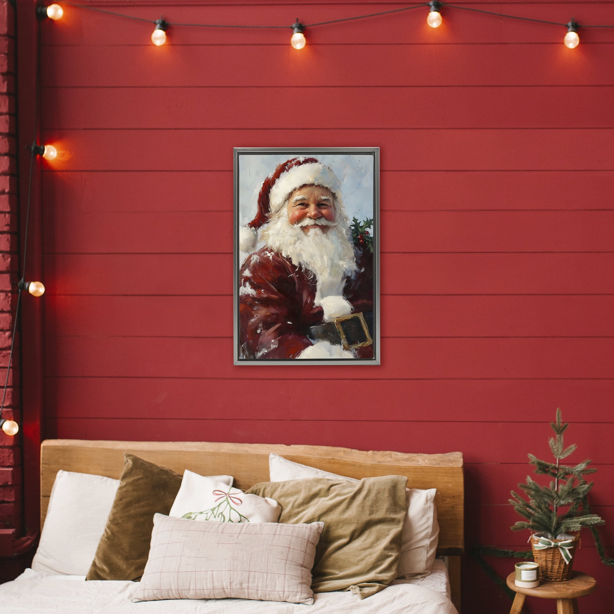 Rosy Cheeked Santa Smile Gray Framed Floater Canvas Wall Art, design by Petal Prints Design