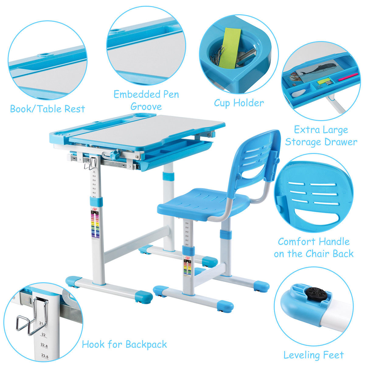 Gymax Children's Desk Chair Set Multifunctional Study Drawing Height Adjustable Blue