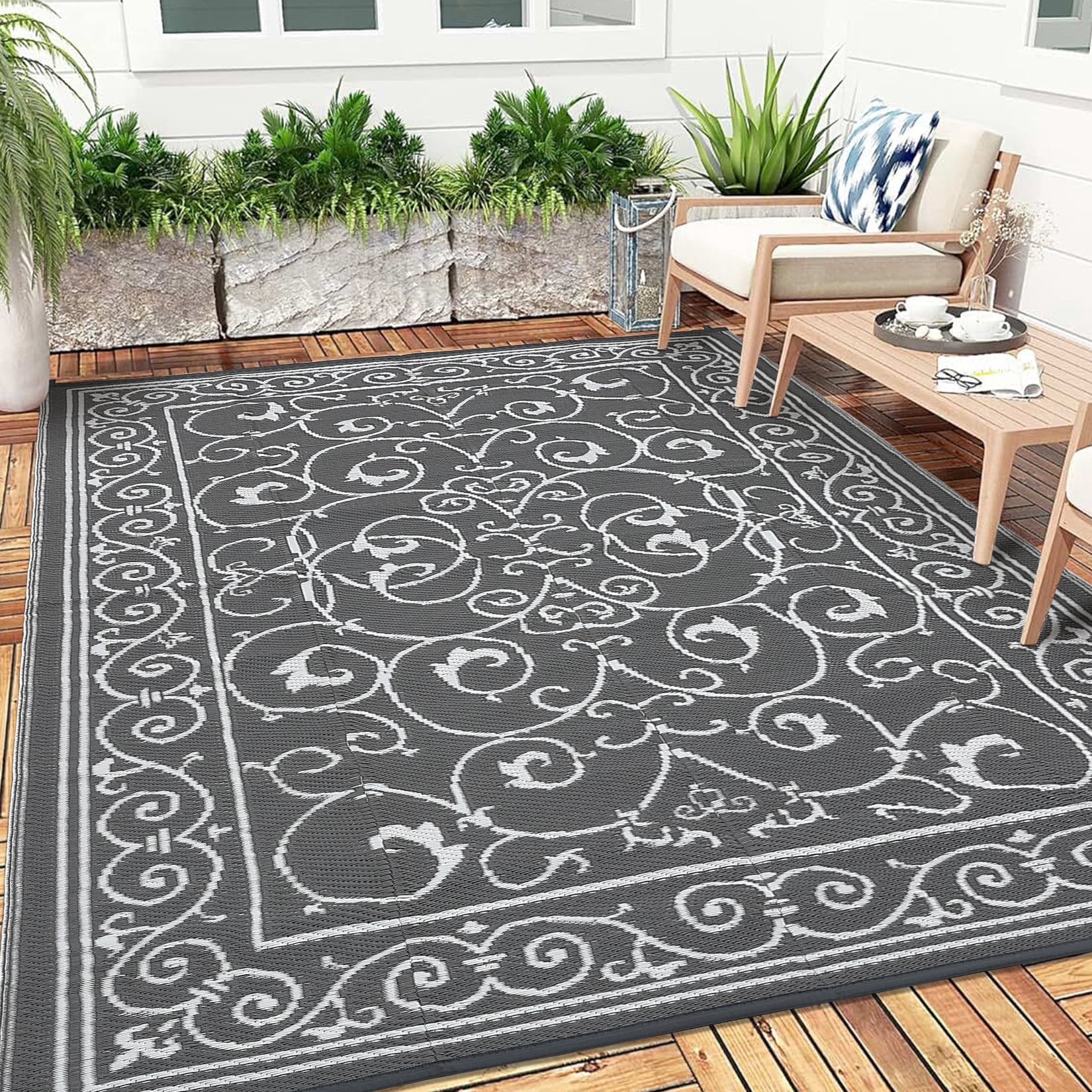 Garvee 9'x12' Outdoor Rug Waterproof Plastic Straw Rug, Reversible Outside Carpet UV Resistant Modern RV Mat for Backyard Garden Deck Poolside, Gray