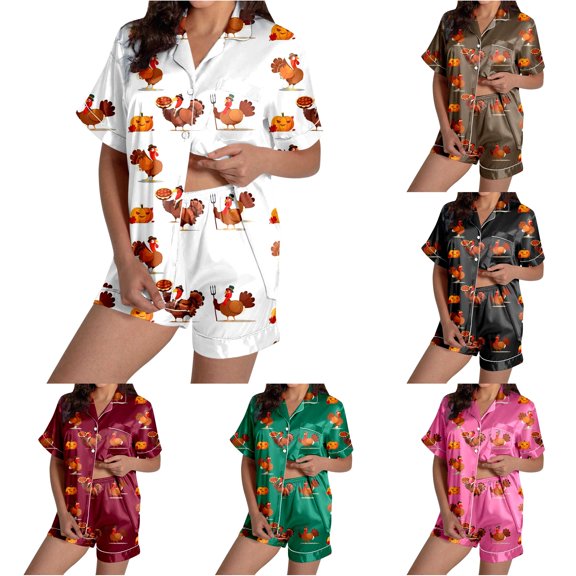 DHFJKG Pajama Sets For Women Thanksgiving Halloween Pajamas Turkey Pumpkin Print Short Sleeve Sleepwear