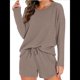 thumbnail image 3 of Conjunto de Pijama para Mujer, de Punto Gofre, Informal, de Dos Piezas, con Bolsillos Café Ligero M, 3 of 9