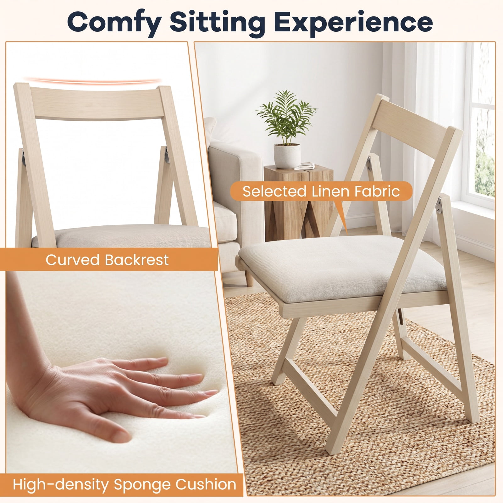Furnibear Folding Upholstered Dining Chair Set of 4 with Curved Backrest for Kitchen Dining Room Living Room Home, Beige