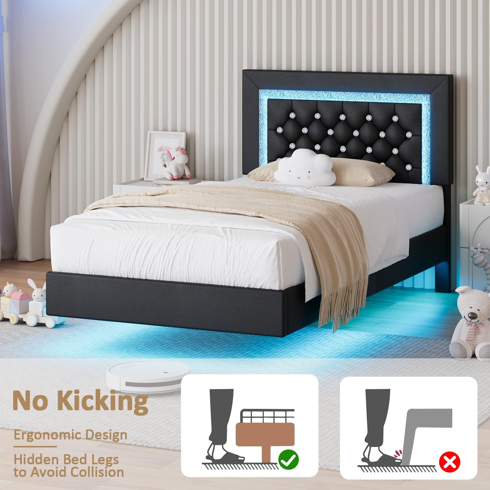 4 Ever Winner Twin Floating Bed Frame with LED Lights, LED Upholstered Platform Bed Frame with Diamond Tufted Headboard, Black LED Bed Frame for Bedroom, Black