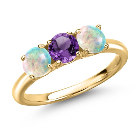 Gem Stone King 18K Yellow Gold Plated Silver Purple Amethyst and Simulated White Opal Engagement Ring for Women | 1.48 Cttw | Round 5MM | Gemstone February Birthstone | Size 7