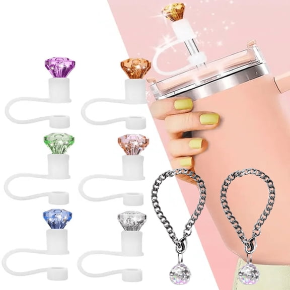 Diamond Straw Cover Cap 6 Pack for Brumate Era 30oz & 40oz Cups, with 2 Crystal Ball Handle Charms, Reusable Silicone Straw Topper Accessories Set