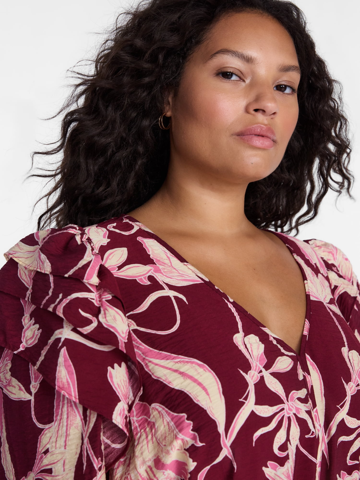 Terra & Sky Ruffled Shoulder Tie Waist Top with Long Puff Sleeves, Sizes 0X-5X