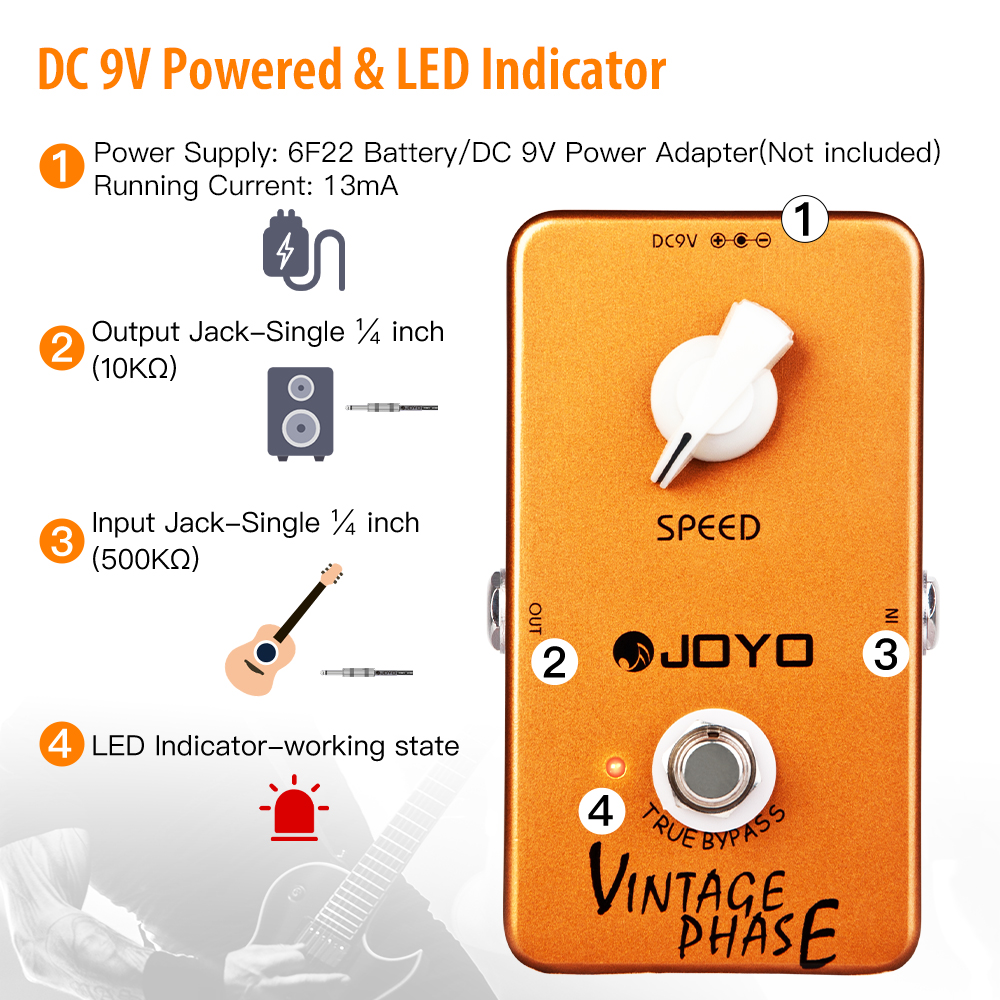 JOYO JF-06 Vintage Phaser Guitar Pedal Phase Sounds of the 70's wide Spacy for Electric Guitar