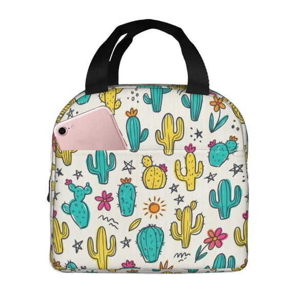Cactus Insulated Lunch Box Reusable Cooler Handbag Front Pocket Portable Thermal Meal Prep Tote for Women Men Work Office