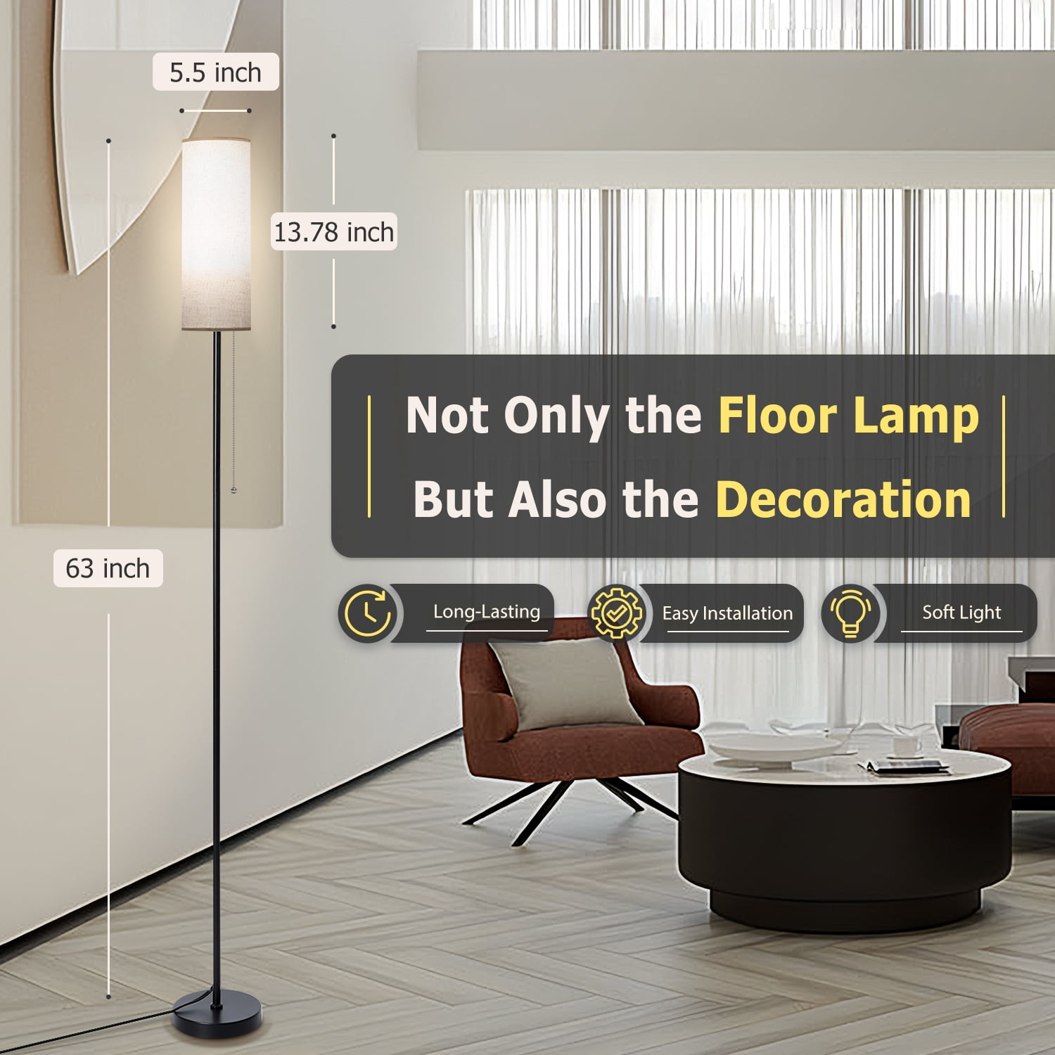 Coliware Floor Lamp, Modern Standing Lamp with Lampshade, Tall Reading Pole Lamp for Living Room Bedroom Office