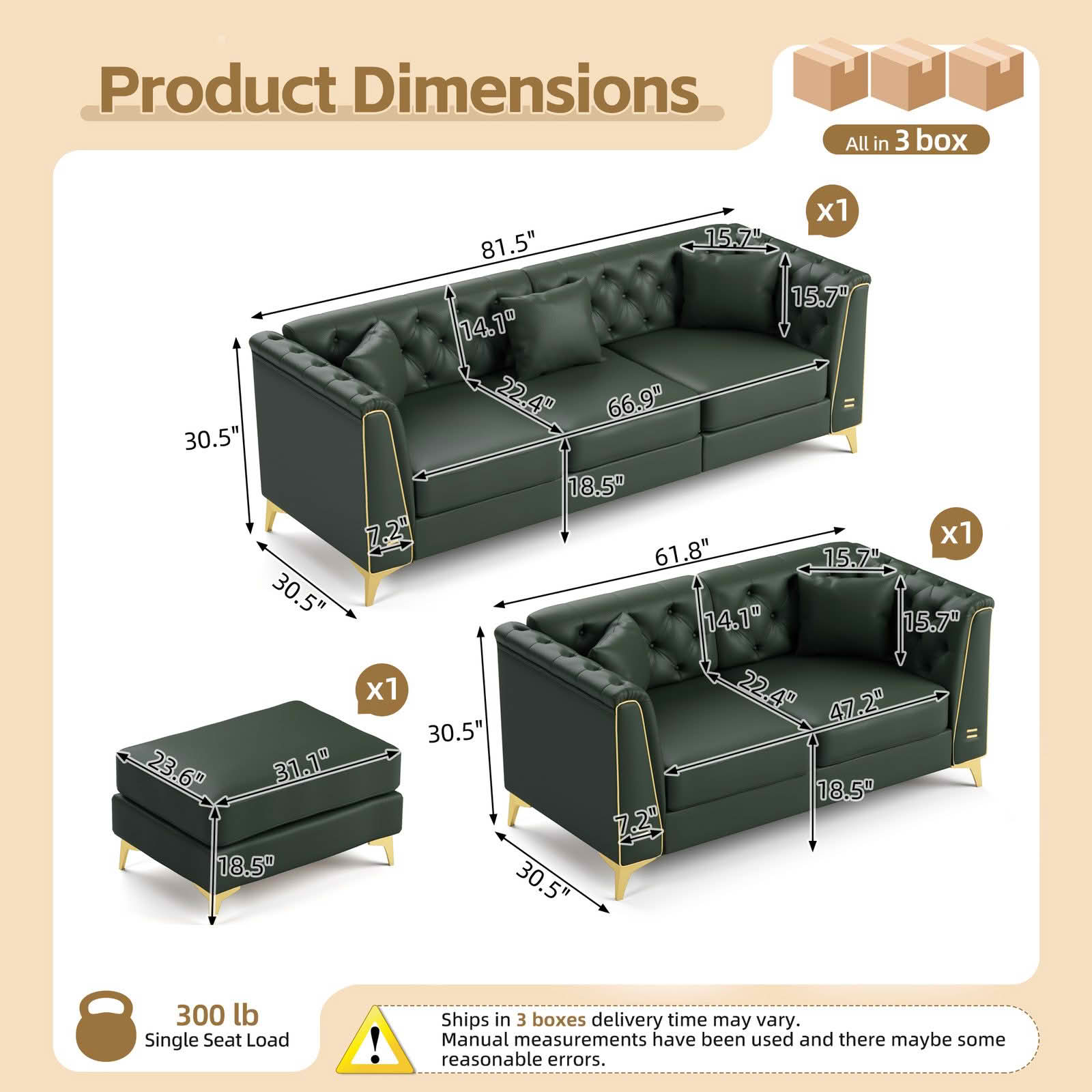 MAYEERTY Light Luxury Modular Chesterfield Sectional Sofa, Faux‑Leather Combination with Button Tufting, Metal‑Trim Armrest & Slim Metal Legs, 5 Pillows Included