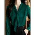 thumbnail image 1 of Blusa De Manga Larga Con Cuello En V Y Lazo Verde Para Mujer, 1 of 9