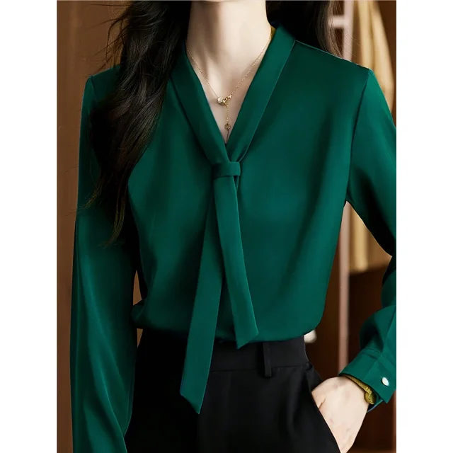 Blusa De Manga Larga Con Cuello En V Y Lazo Verde Para Mujer