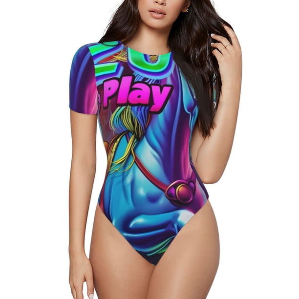 Balery Neon Free Play Body de cuello redondo de manga corta para mujer Tops de manga corta Tops básicos-X-Large