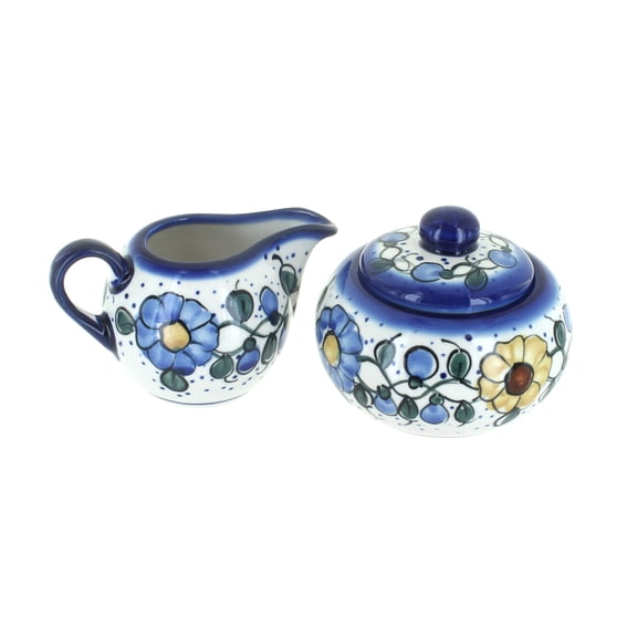 Blue Rose Polish Pottery Geranium Sugar Bowl & Creamer Set