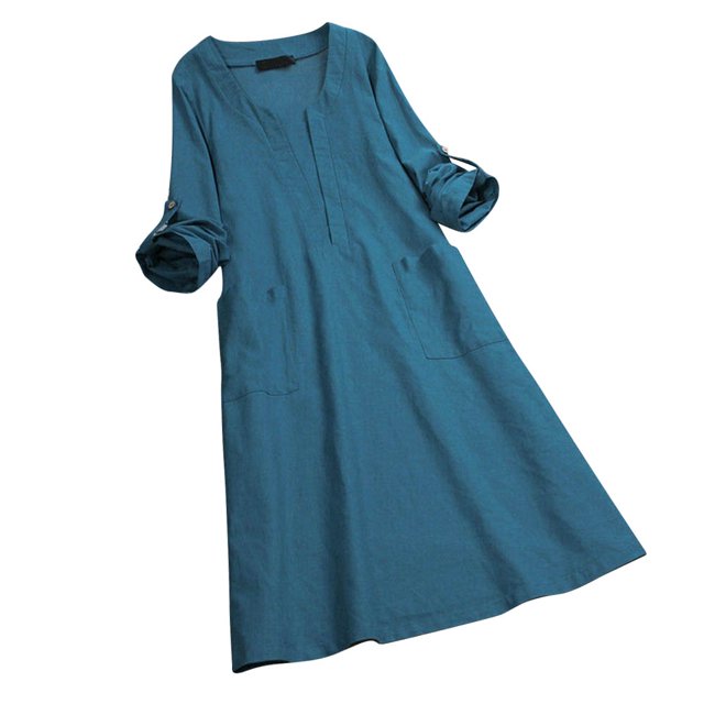 CAROOTU Femmes en Lin de Coton V-Cou Robe à Manches Longues Élégante Confortable Robe de Couleur Unie