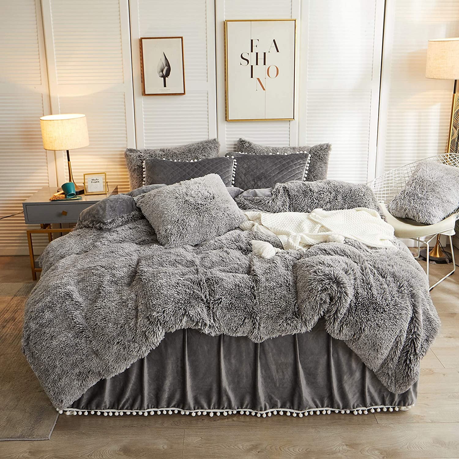 LIFEREVO 3 Pieces Luxury Shaggy Faux Fur Duvet Cover Set Soft Fluffy