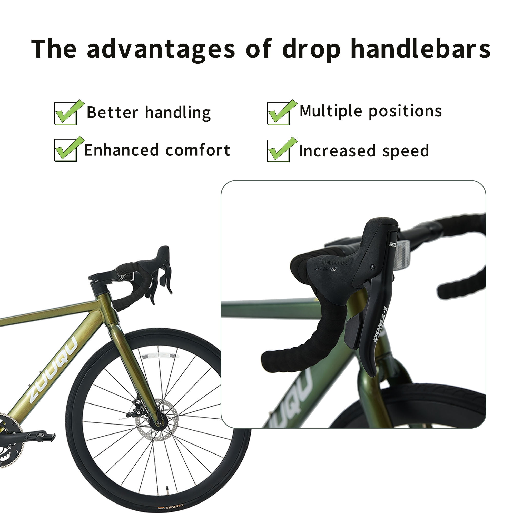 ZUUQU Phaedra 700C Drop Bar Gravel Bike,16-Speed Road bicycle with Disc Brakes ,Green,Adult