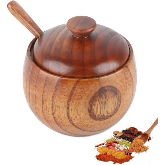 Wooden Salt Container, Seasoning Pot Sugar Bowl Wood Salt & Spice Jar Box Salt Keeper with Spoon and Lid for Kitchen Tool