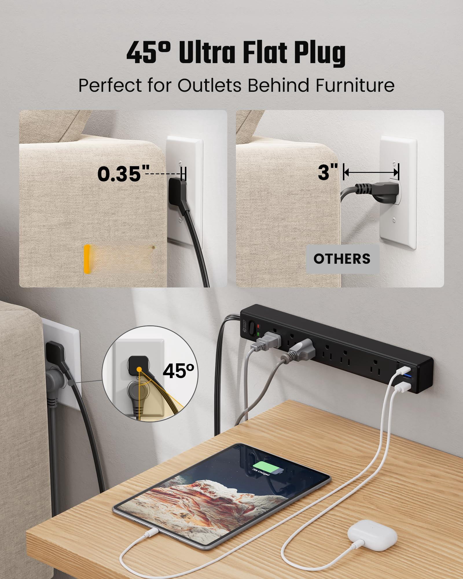 10ft Extension Cord With Multiple Outlets  Flat Plug Surge Protector Power Strip 3 Usb Ports & 6 10 Ft Long Black Charging Station For Home Office Dorm Room