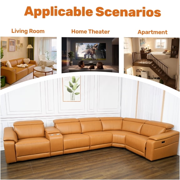 JERFIT 5-Seat Power Reclining Sectional Sofa with Storage Console, USB Charging, Adjustable Headrest & Breathable Fabric in Brown