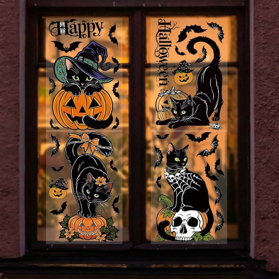 Clearance Sale! Retro Halloween Black Pumpkin Window Decals, Static Cling Stickers Set of 4, Glue-Free Reusable Wall Decor for Glass and Mirror