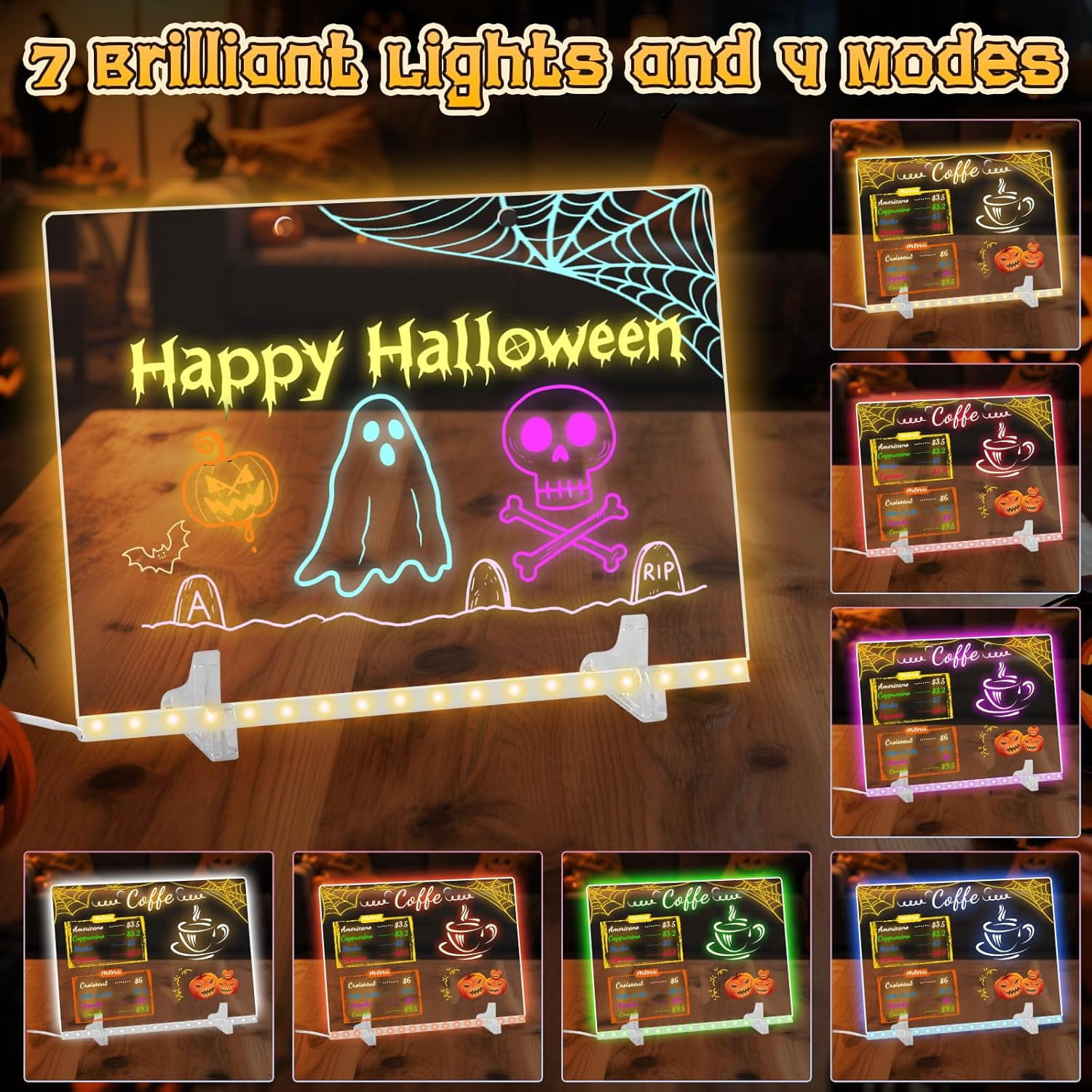 LED Note Board with Colors, 13.7"X10" 4 Modes & 7 Colors Acrylic Dry Erase Board with Light,Birthday, Halloween and Christmas gifts