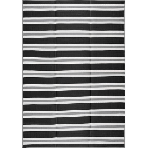 8x10 Waterproof, Reversible Plastic Straw Outdoor Rugs for Patios | Also for Camping, RV, Deck, Porch, Balcony, Camp, Patio | Black, Stripes | Size: 7'11'' x 10'3''