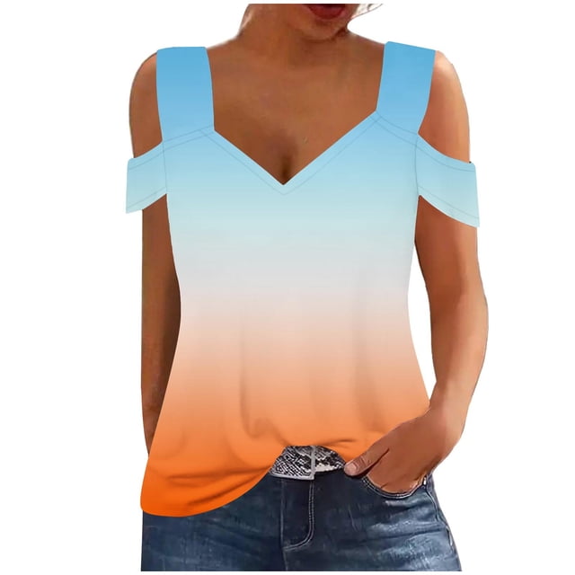 Plebaso Cold Shoulder Womens Gradient Tops V Neck Short Sleeve Blouses Loose Basic Tees Summer Casual Shirts