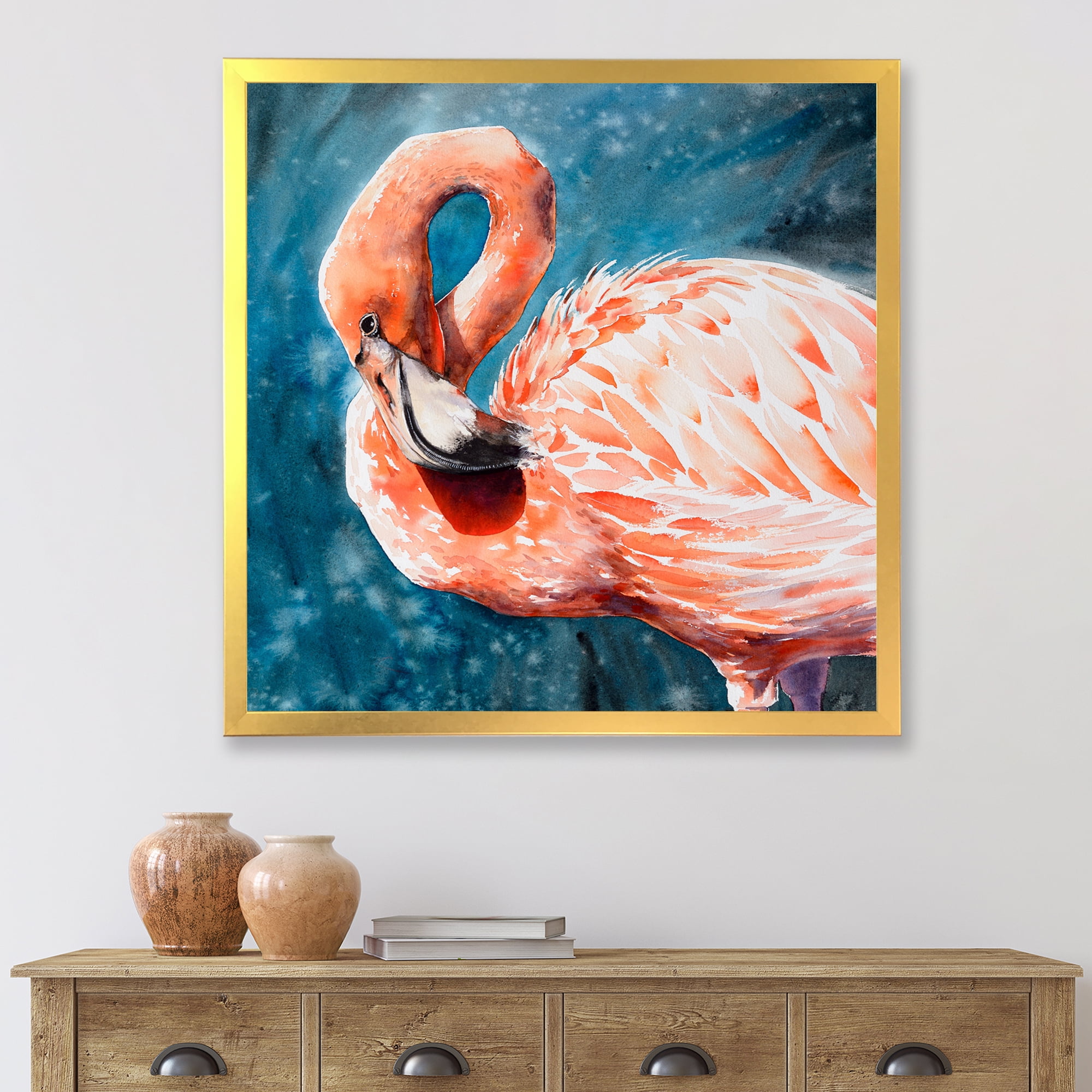 Designart 'Pink Flamingos Love Birds In Blue Water II' Farmhouse Framed Art Print