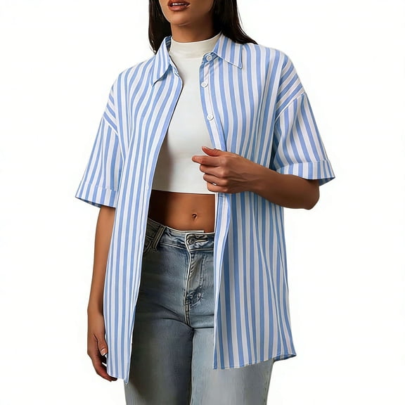 Enjoytime Shirts for Women Striped Collared Short Sleeve Button Down Blouses Spring Summer Casual Tops Beach Vacation Clothes Blue L
